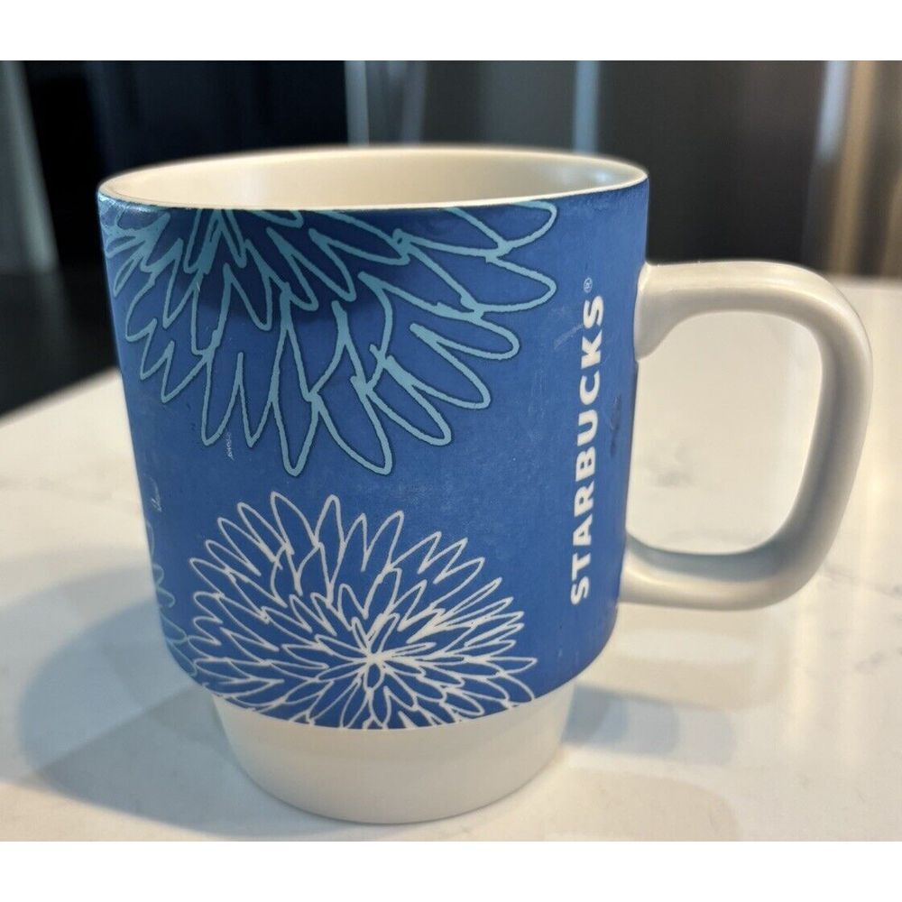 Starbucks 2016 Blue Floral Flower Matte Stoneware Coffee Mug Tea Cup